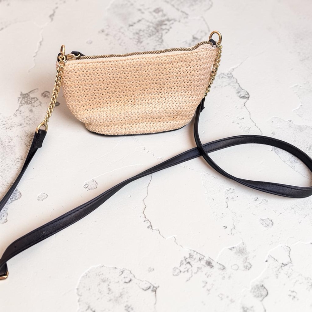 Woven Crossbody Bag in Beige with Black Strap